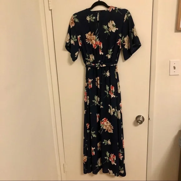 Navy Maxi Wrap Dress with Flowers and Sleeves - Picture 6 of 9